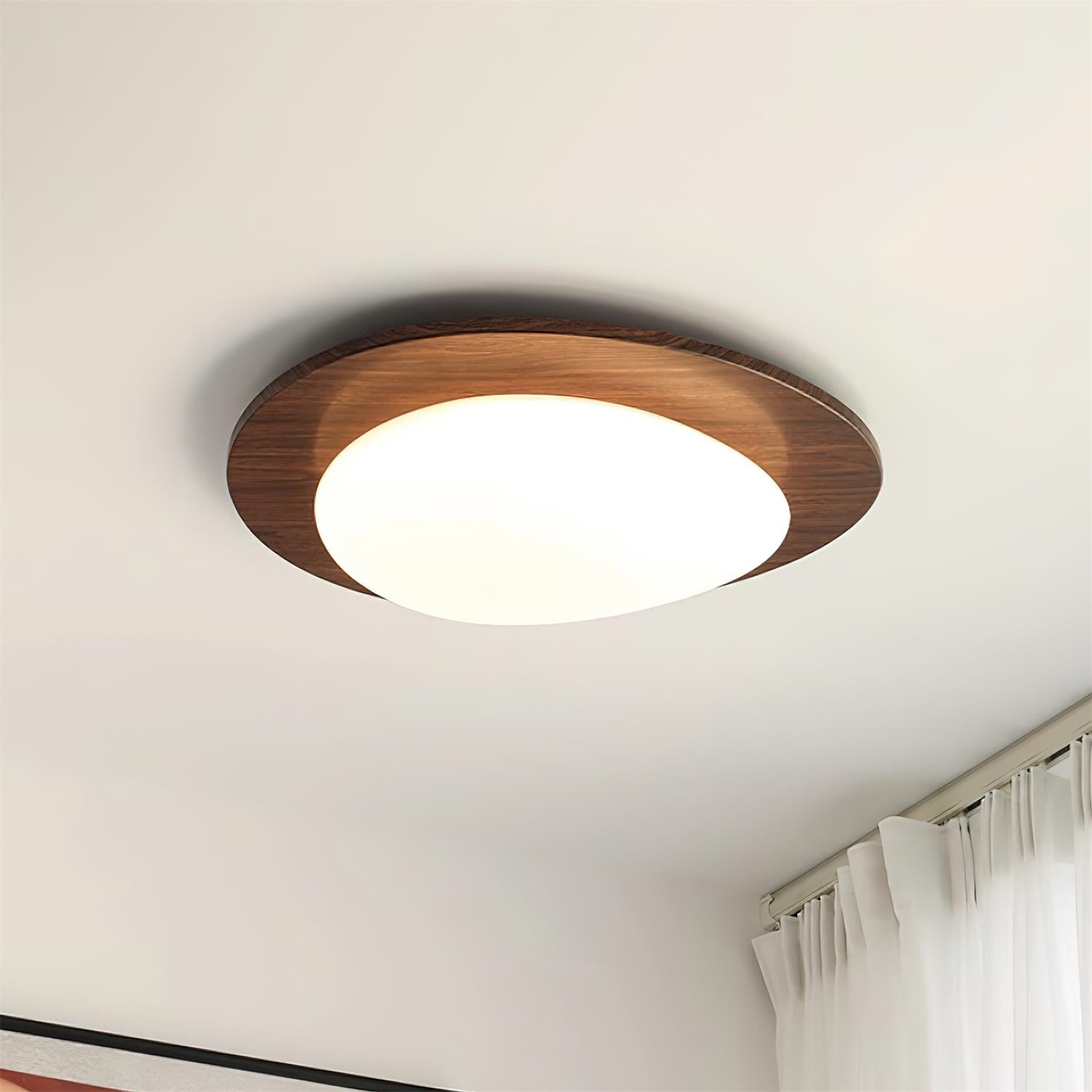 Integrated LED White Oval Shade Ceiling Light With Walnut Wood